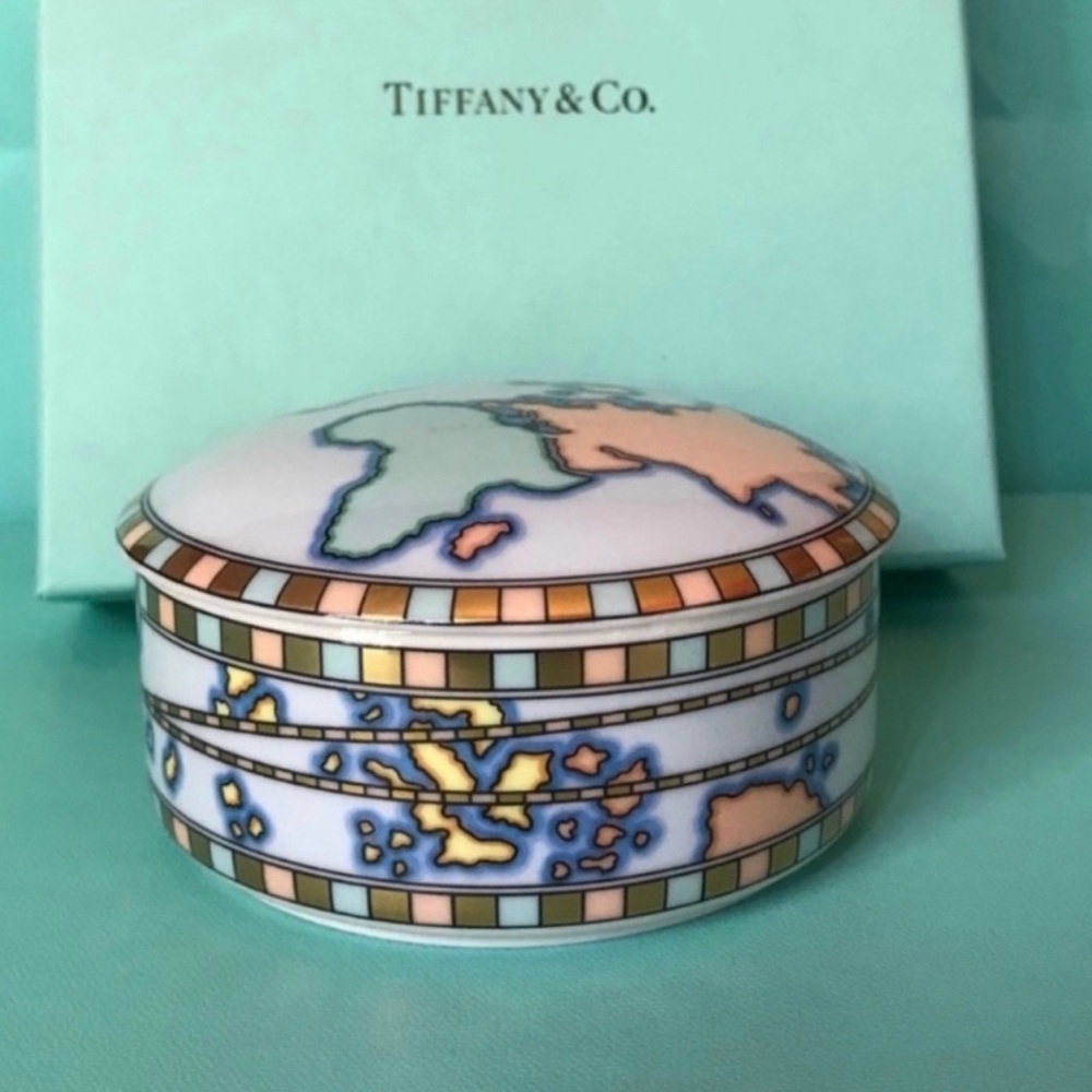 Tiffany & Co. Bone China Map Trinket Box w/Gold